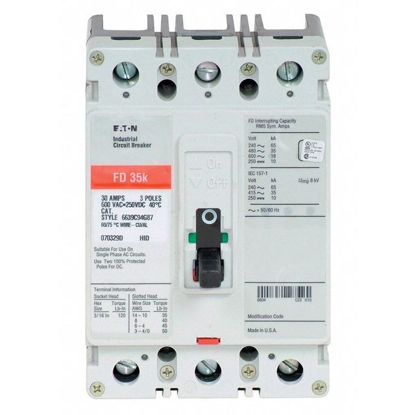 Eaton Molded Case Circuit Breaker, FD Series, 30A, 3 Pole, 600V AC, 65kA at 240/277V AC - FD3030