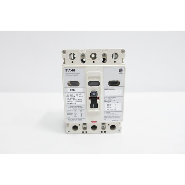 Eaton 3P 60A AMP 600V-AC 250V-DC MOLDED CASE CIRCUIT BREAKER - FDB3060S