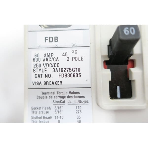 Eaton 3P 60A AMP 600V-AC 250V-DC MOLDED CASE CIRCUIT BREAKER - FDB3060S