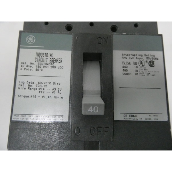 Ge 3P 40A AMP 480V-AC 250V-DC MOLDED CASE CIRCUIT BREAKER - TED134040WL
