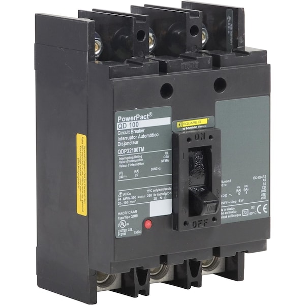 Square D Molded Case Circuit Breaker, QDP Series, 110A, 3 Pole, 240V AC, 25kA at 240V AC - QDP32110TM