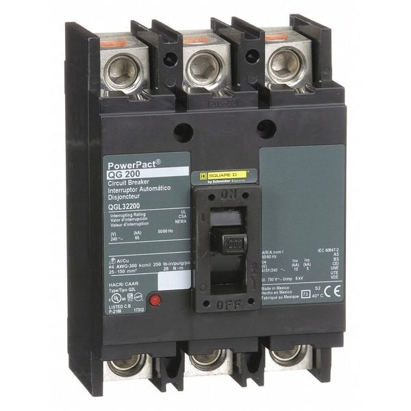 Square D Molded Case Circuit Breaker, QGL Series, 200A, 3 Pole, 240V AC, 65kA at 240V AC - QGL32200