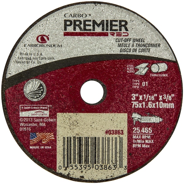 Abrasivos Carborundum 3 x 1/16 x 3/8 pulgadas. Carbo Premier Rojo AP CA/ZA Rueda de corte de diámetro pequeño, 5 piezas - 5539503863