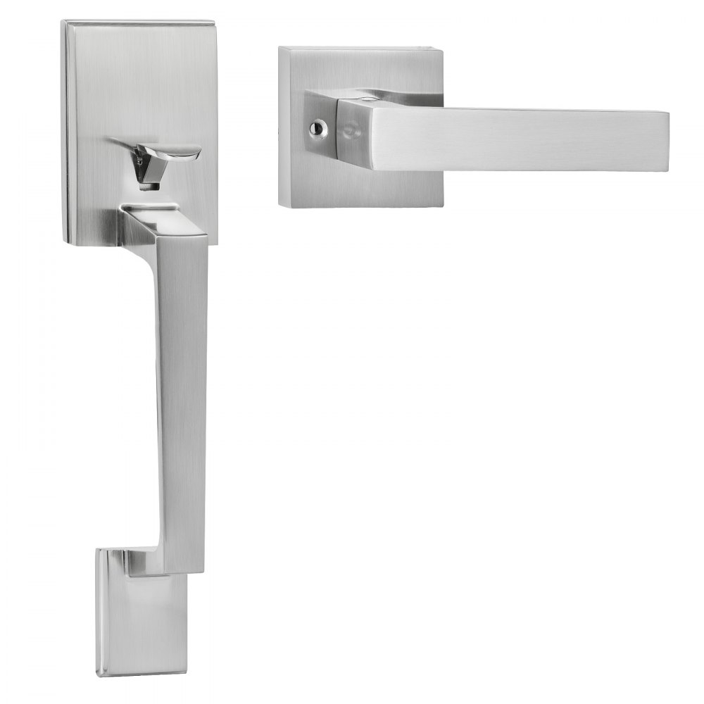 VEVOR Front Door Handle, Satin Nickel Square Handle Set with Lever Door Handle No Lock, Adjustable Hole Space, Entry Door Handle with Reversible for Right and Left Handed Entrance and Front Door - GGSBDMNBDSFXMCY8VV0