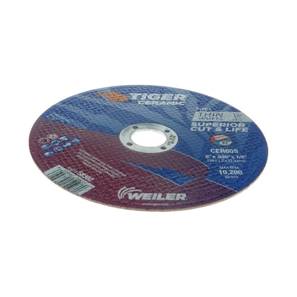 Rueda de corte de tipo 1 Weiler 6" x .045" TIGER CERAMIC CER60S 7/8 A.H. - 58302
