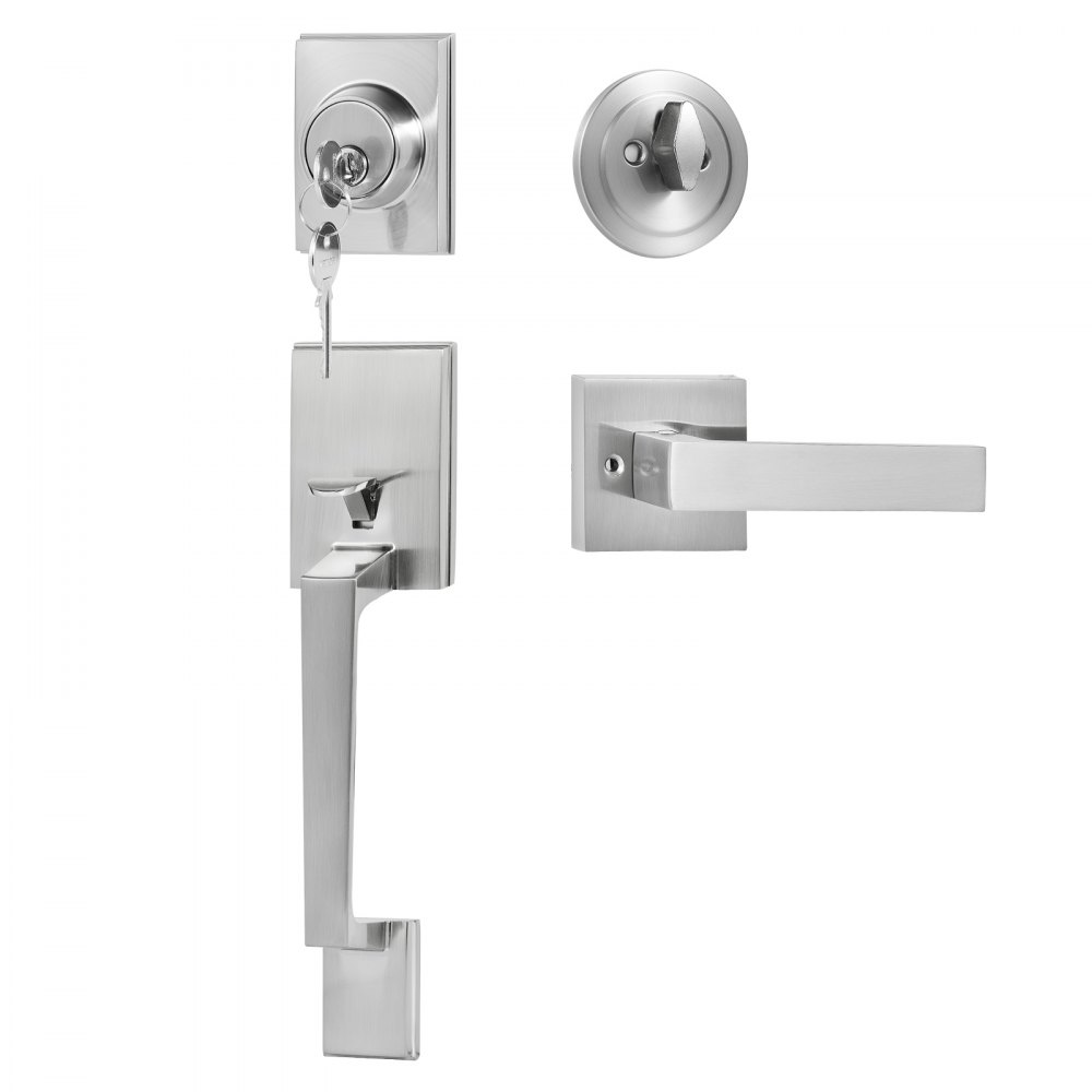 VEVOR Front Door Handle and Deadbolt Set, Satin Nickel Square Handle Set with Lever Door Handle, Single Cylinder Entry Door Handle with Reversible for Right and Left Handed Entrance and Front Door - GGSBDMNDSFXL6V9W2V0