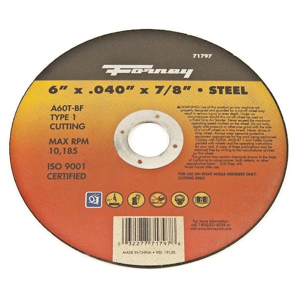 Disco de corte Forney, Metal, Tipo 1, 6 pulgadas x .040 pulgadas x 7/8 pulgadas - 71797