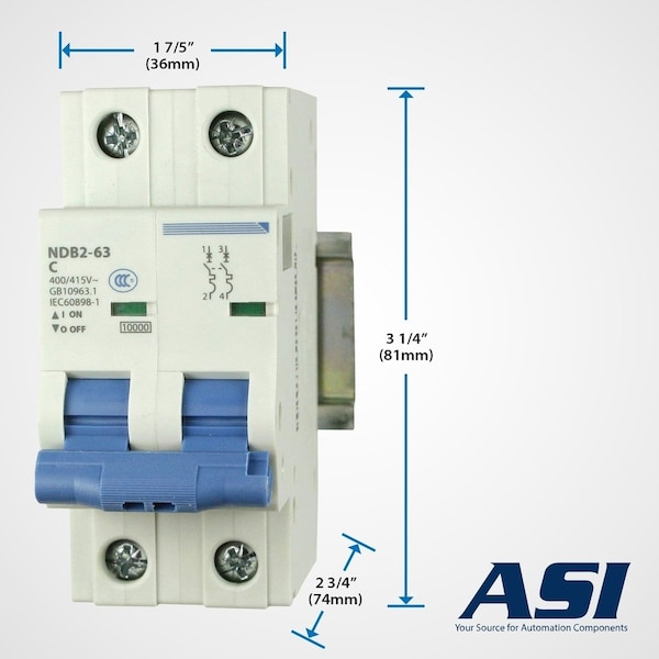 Automation Systems Interconnect Miniature Circuit Breaker, 2Pole, 25Amp, 240 Vac, 60 Vdc, C Trip Curve, Ul1077, DIN Rail Mounted, 6PK - NDB2-63C25-2