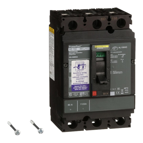 Square D Molded Case Circuit Breaker, HDL Series, 80A, 3 Pole, 600V AC, 25kA at 240V AC - HDL36080SA
