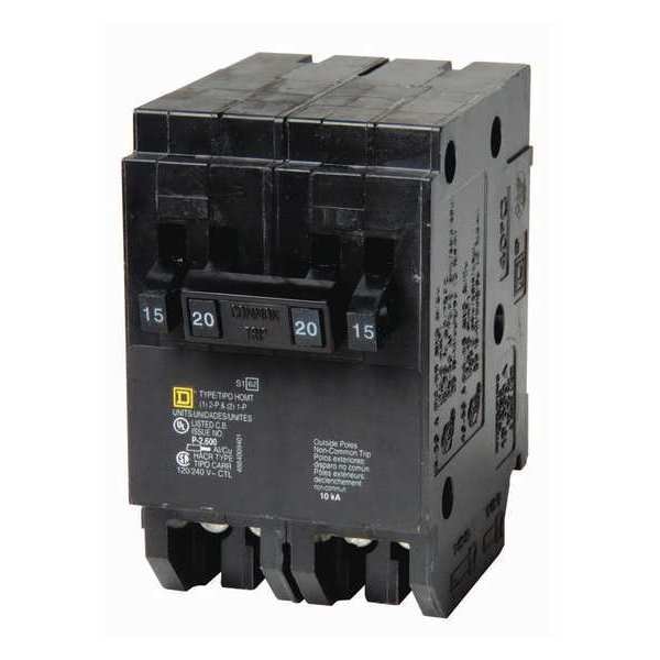 Square D Miniature Circuit Breaker, HOMT Series, 15A, 2x1, 1x2 Pole, 120/240V AC, 10kA - HOMT1515215