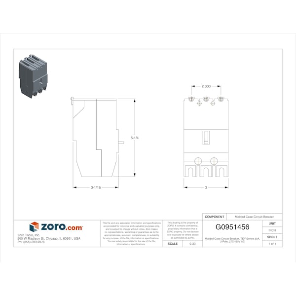 Ge Molded Case Circuit Breaker, TEY Series, 30A, 3 Pole, 277/480V AC, 14kA at 277/480V AC - TEY330