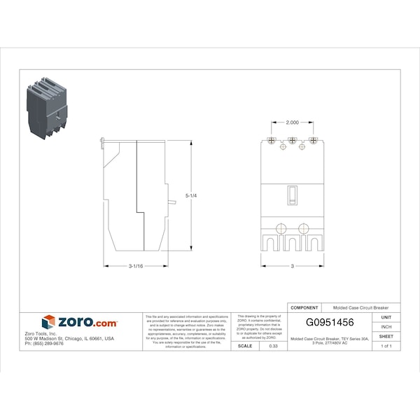 Ge Molded Case Circuit Breaker, TEY Series, 30A, 3 Pole, 277/480V AC, 14kA at 277/480V AC - TEY330