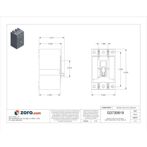 Eaton Molded Case Circuit Breaker, HMCP Series, 30A, 3 Pole, 600V AC, 65kA at 600V AC - HMCP030H1C
