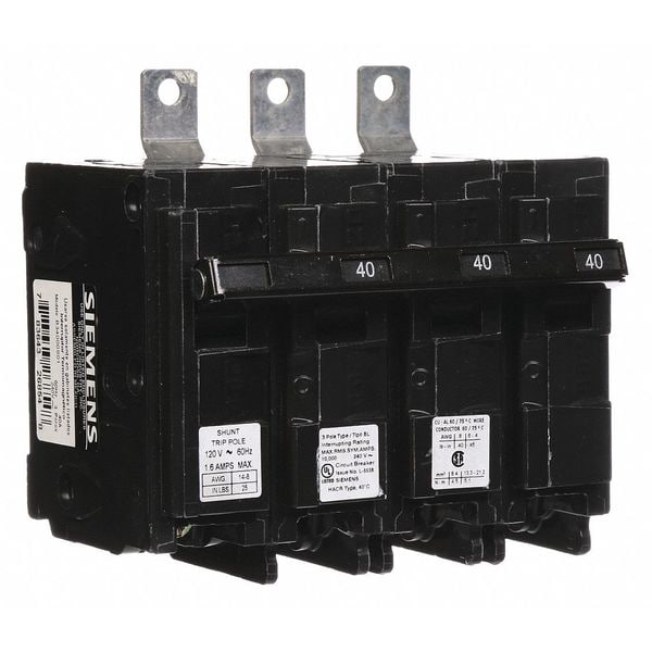 Siemens Miniature Circuit Breaker, BL Series, 40A, 3 Pole, 120/240V AC, 10kA at 240V AC - B34000S01