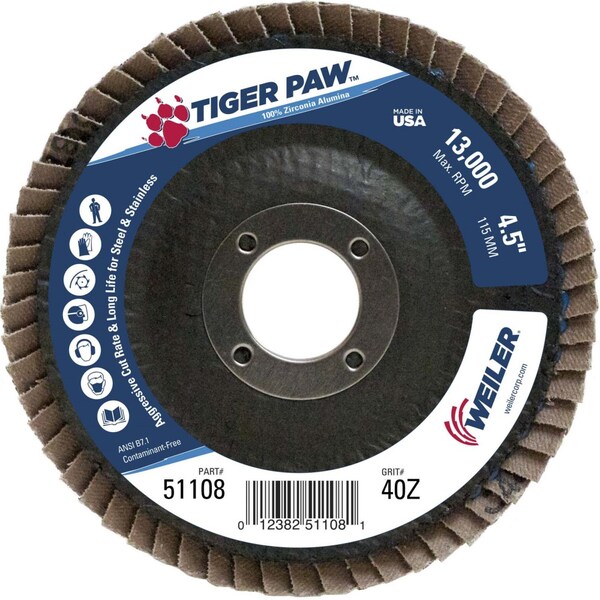 Weiler 4-1/2" Disco de Aletas Abrasivas Tiger Paw, Plano (TY27), 40Z, 7/8" - 51108