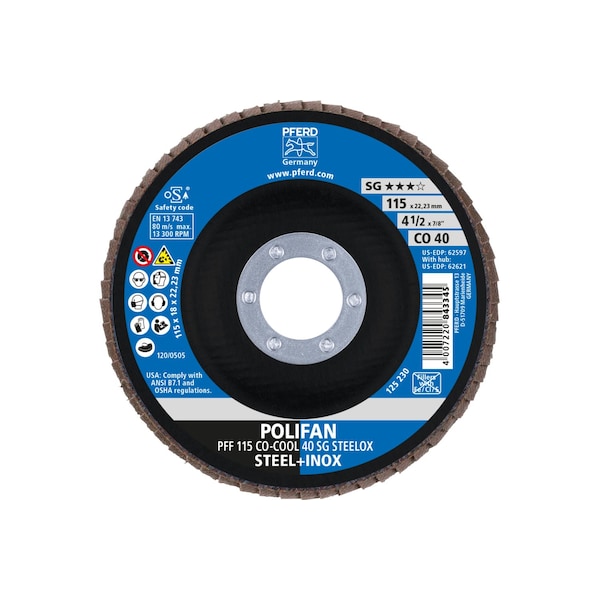 Pferd 4-1/2" x 7/8" A.H. POLIFAN® Disco Flap - CO-COOL SG STEELOX, Óxido Cerámico, 40 de Dureza, Plano - 62597