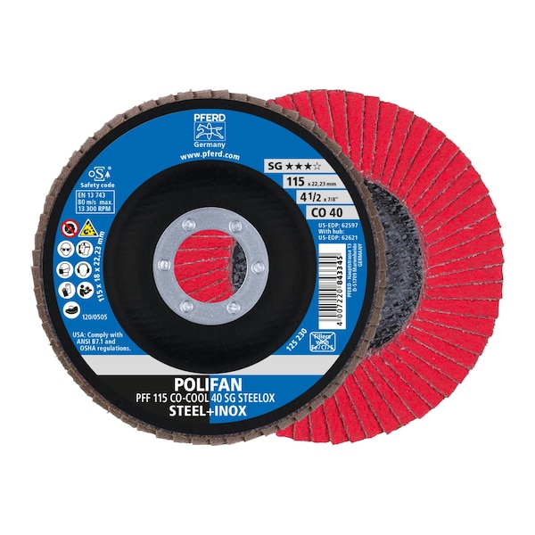 Pferd 4-1/2" x 7/8" A.H. POLIFAN® Disco Flap - CO-COOL SG STEELOX, Óxido Cerámico, 40 de Dureza, Plano - 62597