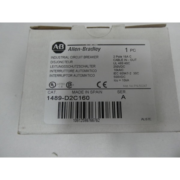 Allen Bradley Miniature Circuit Breaker, 1489-D Series, 16A, 2 Pole, Not Rated, C Curve - 1489-D2C160
