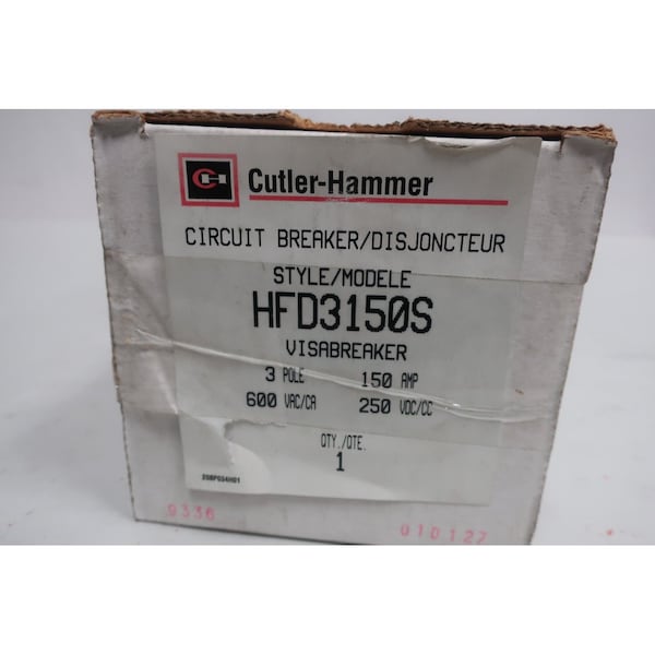 Eaton Cutler-Hammer Molded Case Circuit Breaker, C Series, 150A, 3 Pole, 600V AC, 65kA - HFD3150S