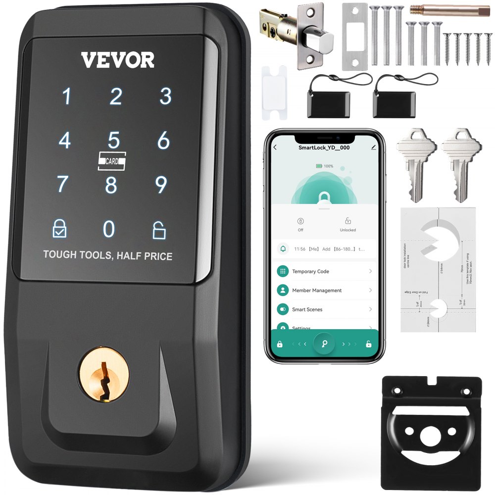 VEVOR Smart Lock, Keyless Entry Door Lock with Bluetooth App Control, IC Card, Electronic Keypad, Spare Keys, Smart Door Knob Keypad Deadbolt for Home, Apartment, Office, Hotel, Black - LYZNSMBSSZMMHXWE8V9