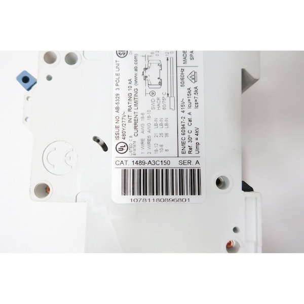 Allen Bradley 3P 15A AMP 277/480V-AC MOLDED CASE CIRCUIT BREAKER - 1489-A3C150