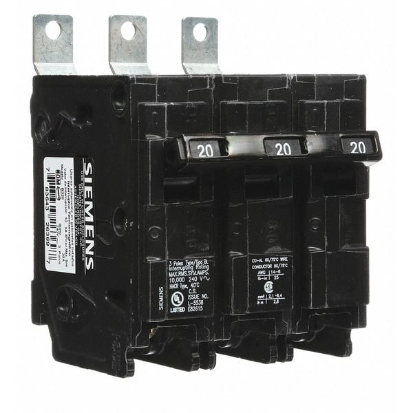 Siemens Miniature Circuit Breaker, BL Series, 20A, 3 Pole, 240V AC, 10kA at 240V AC - B320