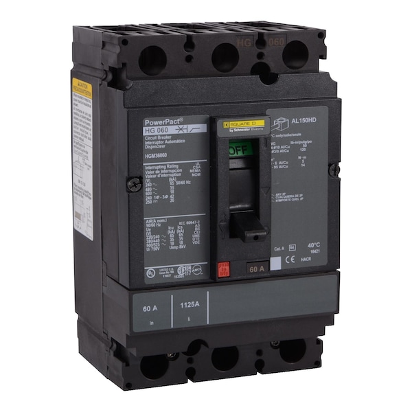 Square D Molded Case Circuit Breaker, HGM Series, 100A, 3 Pole, 600V AC, 65kA at 240V AC - HGM36100