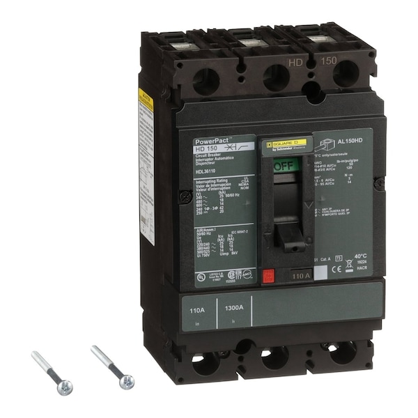 Square D Molded Case Circuit Breaker, HDL Series, 110A, 3 Pole, 600V AC, 25kA at 240V AC - HDL36110