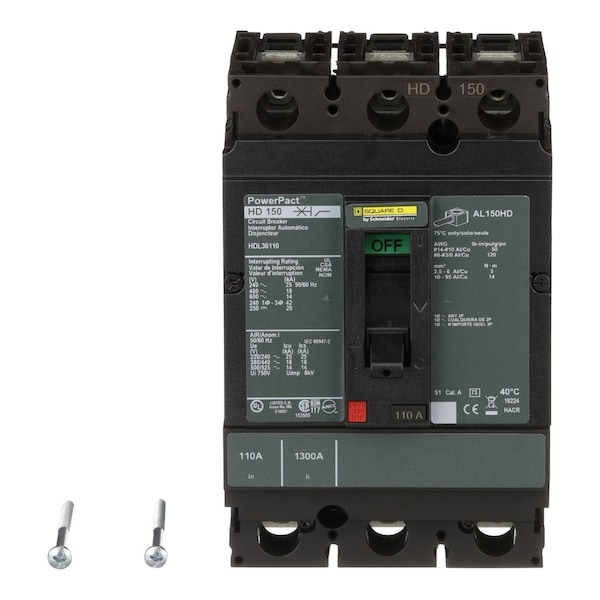 Square D Molded Case Circuit Breaker, HDL Series, 110A, 3 Pole, 600V AC, 25kA at 240V AC - HDL36110