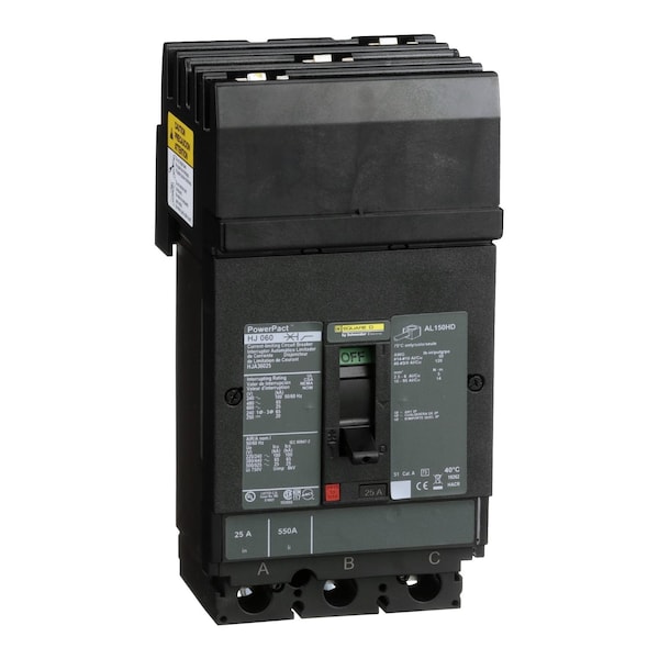 Square D Molded Case Circuit Breaker, HJA Series, 25A, 3 Pole, 600V AC, 100kA at 240V AC - HJA36025