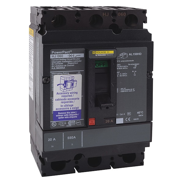 Square D Molded Case Circuit Breaker, HJL Series, 25A, 3 Pole, 600V AC, 100kA at 240V AC - HJL36025