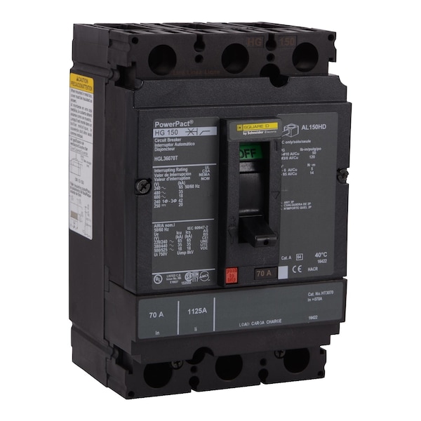 Square D Molded Case Circuit Breaker, HGL Series, 70A, 3 Pole, 600V AC, 65kA at 240V AC - HGL36070T