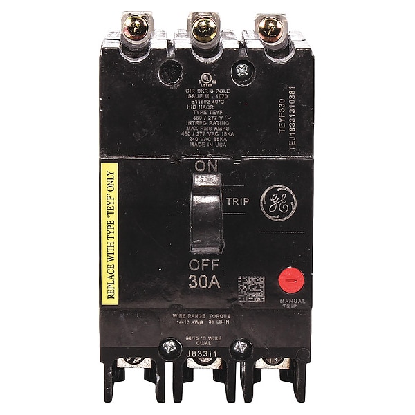 Ge Molded Case Circuit Breaker, TEYF Series, 30A, 3 Pole, 277/480V AC, 18kA at 277/480V AC - TEYF330