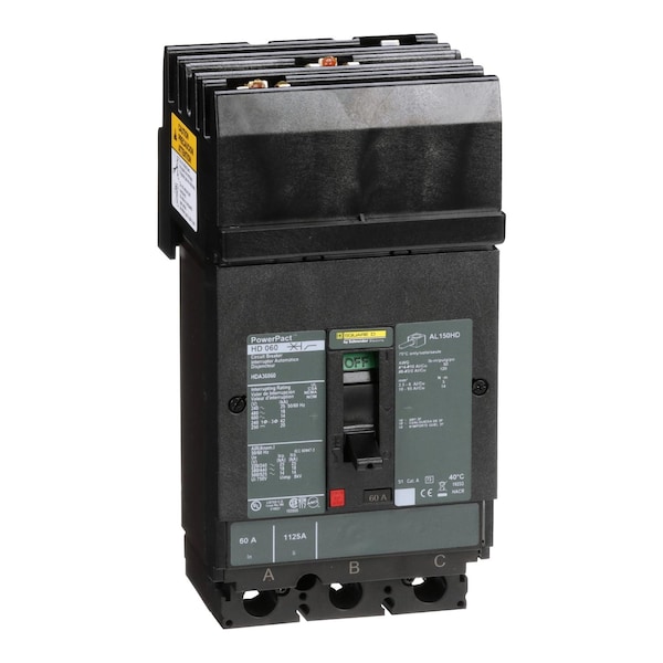Square D Molded Case Circuit Breaker, HDA Series, 60A, 3 Pole, 600V AC, 25kA at 240V AC - HDA36060
