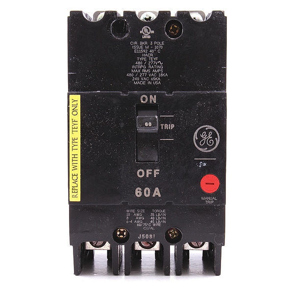 Ge Molded Case Circuit Breaker, TEYF Series, 60A, 3 Pole, 277/480V AC, 18kA at 277/480V AC - TEYF360