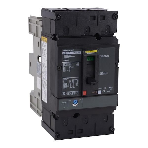 Square D Molded Case Circuit Breaker, JDN Series, 225A, 3 Pole, 600V AC, 25kA at 240V AC - JDN36225
