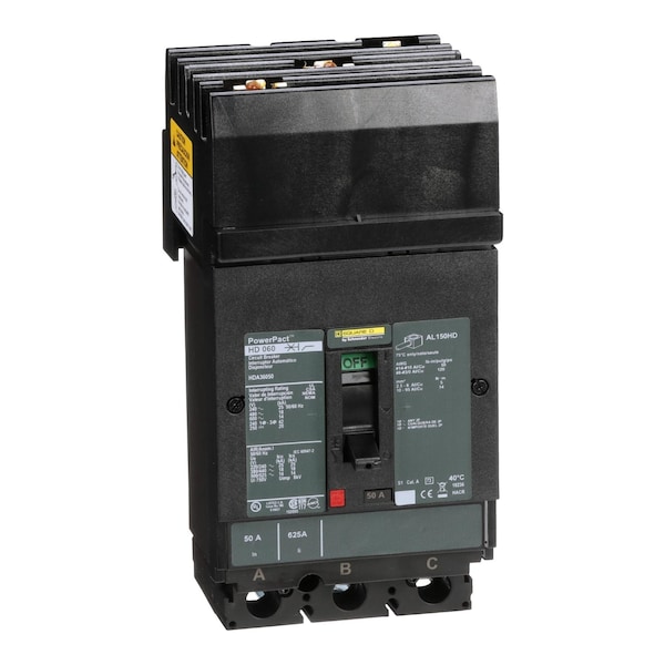 Square D Molded Case Circuit Breaker, HDA Series, 50A, 3 Pole, 600V AC, 25kA at 240V AC - HDA36050