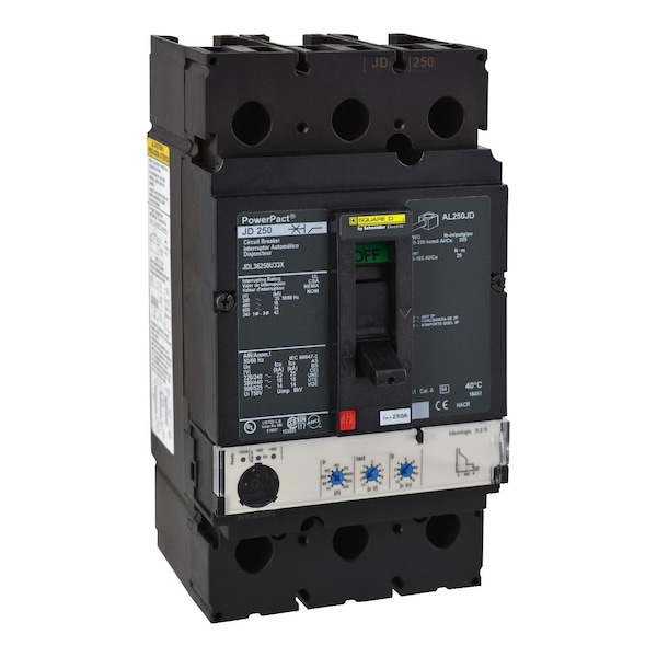Square D Molded Case Circuit Breaker, JDL Series, 250A, 3 Pole, 600V AC, 25kA at 240V AC - JDL36250U33X