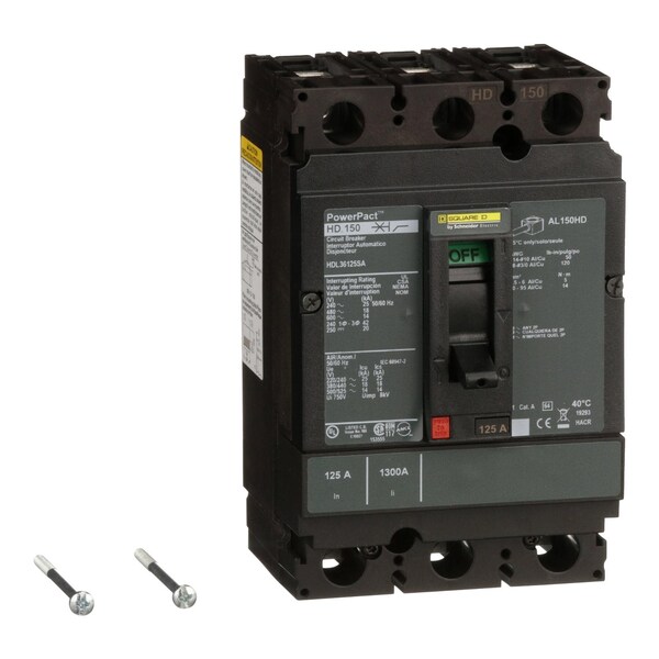 Square D Molded Case Circuit Breaker, HDL Series, 125A, 3 Pole, 600V AC, 25kA at 240V AC - HDL36125SA