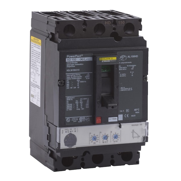 Square D Molded Case Circuit Breaker, HDL Series, 150A, 3 Pole, 600V AC, 25kA at 240V AC - HDL36150CU31X