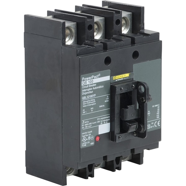 Square D Molded Case Circuit Breaker, QBL Series, 100A, 3 Pole, 240V AC, 10kA at 240V AC - QBL32100YP