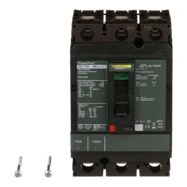 Square D Molded Case Circuit Breaker, HGL Series, 125A, 3 Pole, 600V AC, 65kA at 240V AC - HGL36125