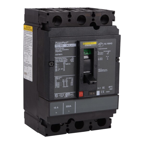 Square D Molded Case Circuit Breaker, HGP Series, 125A, 3 Pole, 600V AC, 65kA at 240V AC - HGP36125