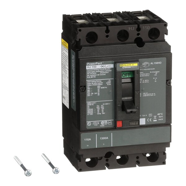 Square D Molded Case Circuit Breaker, HJL Series, 110A, 3 Pole, 600V AC, 100kA at 240V AC - HJL36110