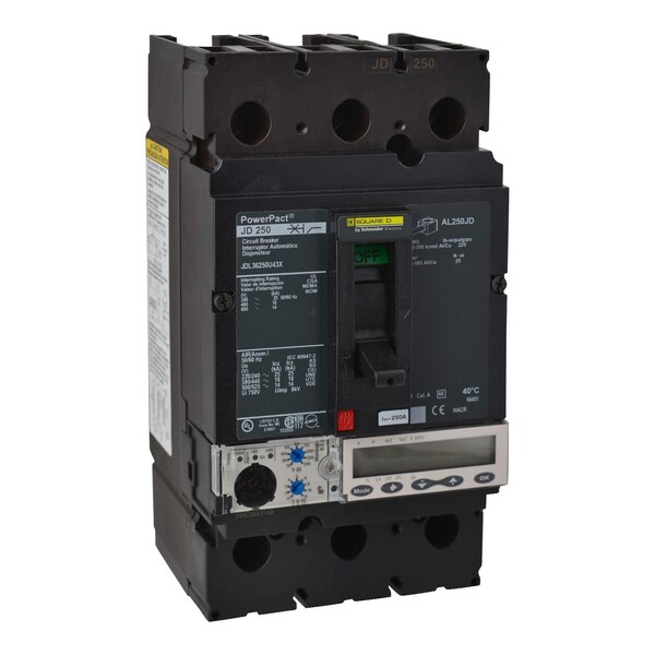 Square D Molded Case Circuit Breaker, JDL Series, 250A, 3 Pole, 600V AC, 25kA at 240V AC - JDL36250U43X