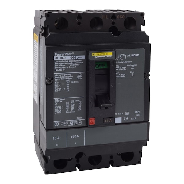 Square D Molded Case Circuit Breaker, HLL Series, 15A, 2 Pole, 600V AC, 125kA at 240V AC - HLL26015