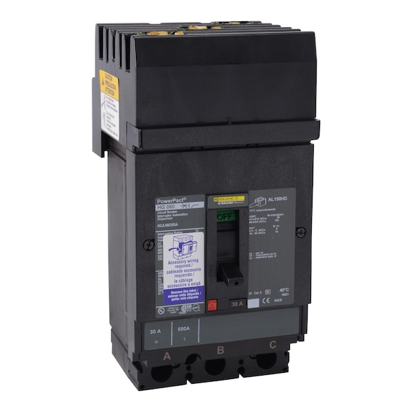Schneider Electric Molded Case Circuit Breaker, HGA Series, 150A, 3 Pole, 600V AC, 65kA at 240V AC - HGA36150U33X