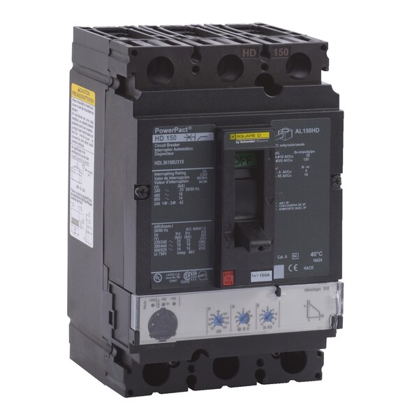 Square D Molded Case Circuit Breaker, HDL Series, 150A, 3 Pole, 600V AC, 25kA at 240V AC - HDL36150U31X