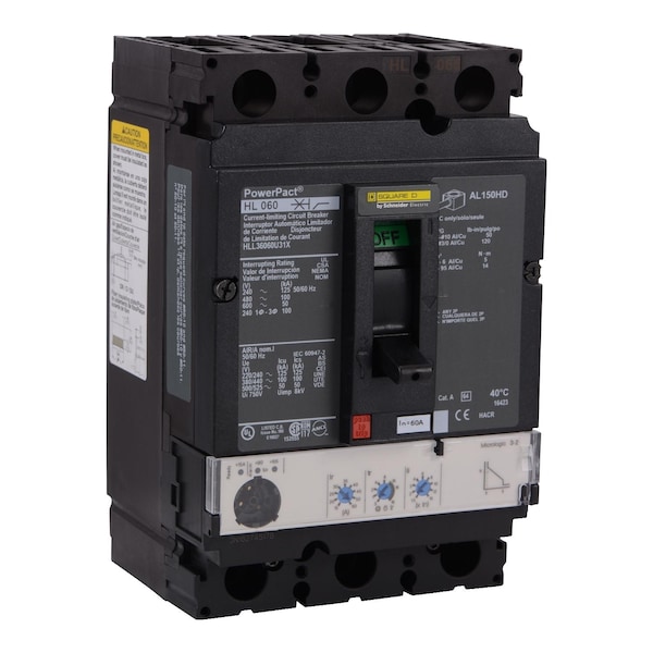 Square D Molded Case Circuit Breaker, HLL Series, 100A, 3 Pole, 600V AC, 125kA at 240V AC - HLL36100U31X