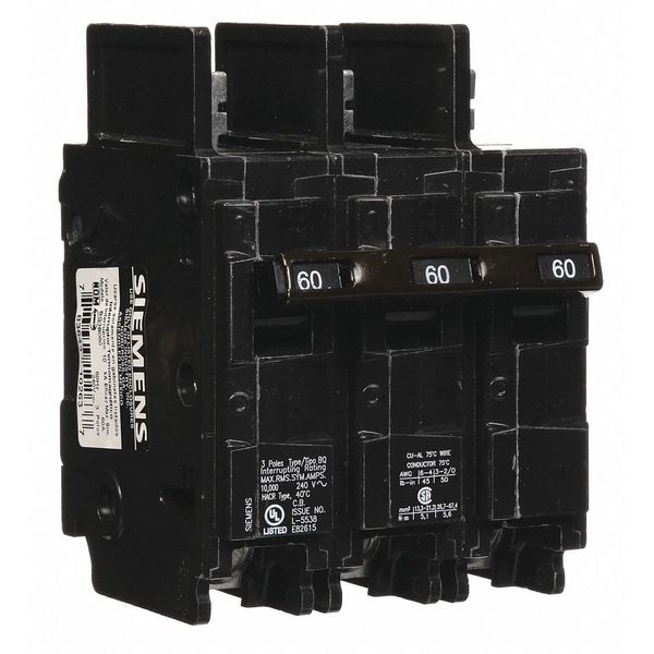Siemens Miniature Circuit Breaker, BQ Series, 60A, 3 Pole, 240V AC, 10kA at 240V AC - BQ3B060